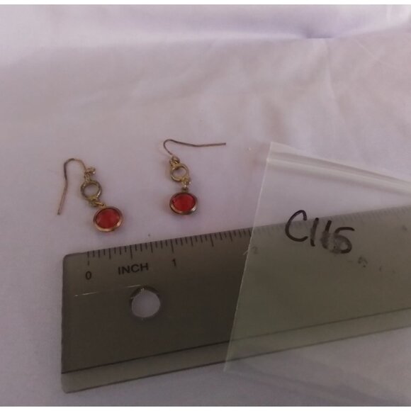 Vintage Gold Tone Dangle Earrings With Red Gemstone - Picture 3 of 3